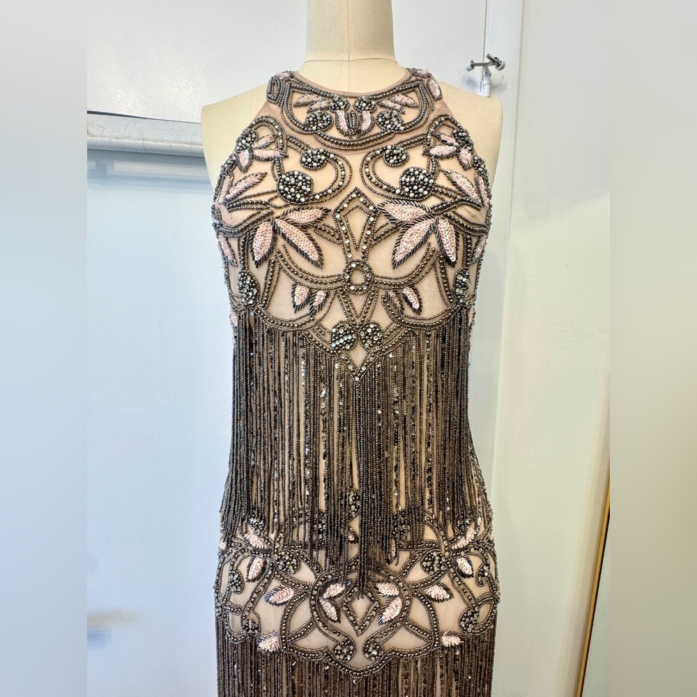 Heavily Beaded Halter Gown – Open Back Sheer Fringe Maxi Dress Glam Formal - Picture 3 of 12